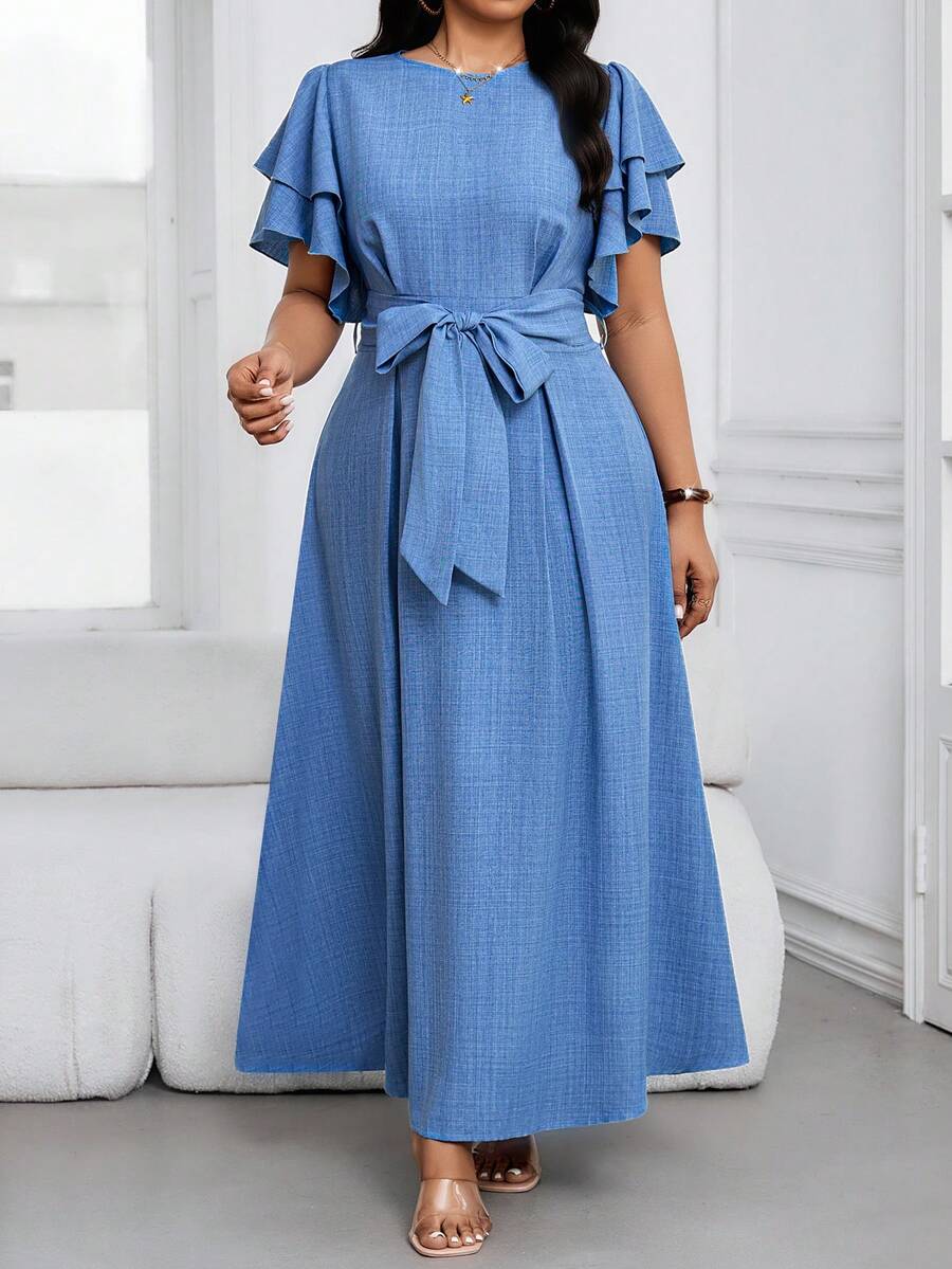 SHEIN Lady Đầm thanh lịch màu trơn tay bèo nhún thắt eo dành cho nữ cỡ lớn - Màu xanh lam - Xem 1