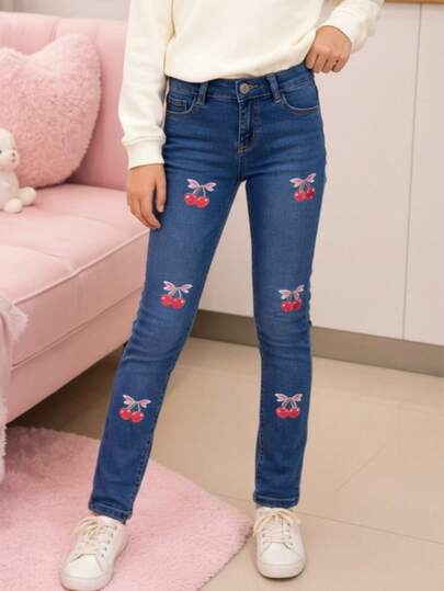 Jeans vaqueros con spandex niñas skinny jeans estampado cerezas