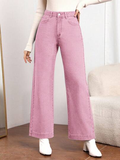 SHEIN Essnce Solid Color Mid-Waist Belt Loop Casual Straight Loose Versatile Jeans Pink Jeans For Women Bell Bottom Pants Wide Leg Pants Woman Jeans