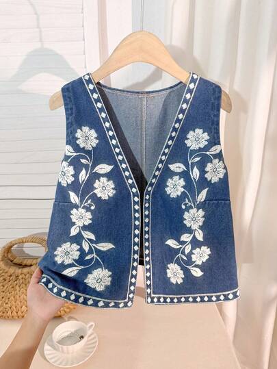 Comfortcana Plus Size Women's V Neck Sleeveless Denim Vest With Floral Embroidery And Geometric Trim,Fashionable Boho Blue And White Summer Vacation Denim Top
