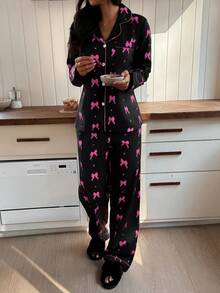 Women's New Bow Print Casual Long Sleeve Pajama Set - Black - View 2