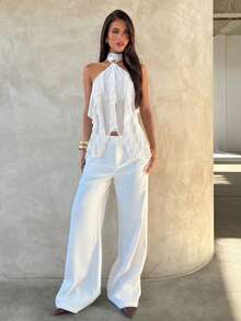 Aloruh 女士优雅多层荷叶边立领修身背心 - 白色 - 查看 3