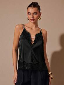 SHEIN BAE Áo hai dây satin cổ chữ V phối đen trắng, thích hợp cho tiệc tùng, tiệc cocktail, sinh nhật, phù dâu, khách dự đám cưới, tiệc brunch, áo không tay thanh lịch. - màu đen - Xem 6