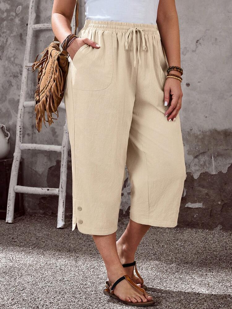 Plus Size Women's Summer Casual Vacation Country Linen Color Solid 7/8 Pants With Pockets, Spring/Summer/Vacation,Summer Holiday,Spring Break, Vacation Women, Holiday For Women,Going Out,2026 New,Simple And Fashionable For Everyday Wear,Suitable For Summer, Vacation,Daily Wear, Women Wide Leg Capri Pants, Women's Capri Pants, Women Summer Pants