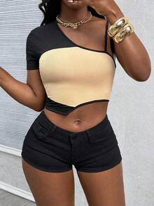 Glyssa Camiseta sexy de corte en el hombro y contraste de colores para mujer, adecuada para salidas, reuniones y uso diario, primavera/verano - Multicolor - Ver 4