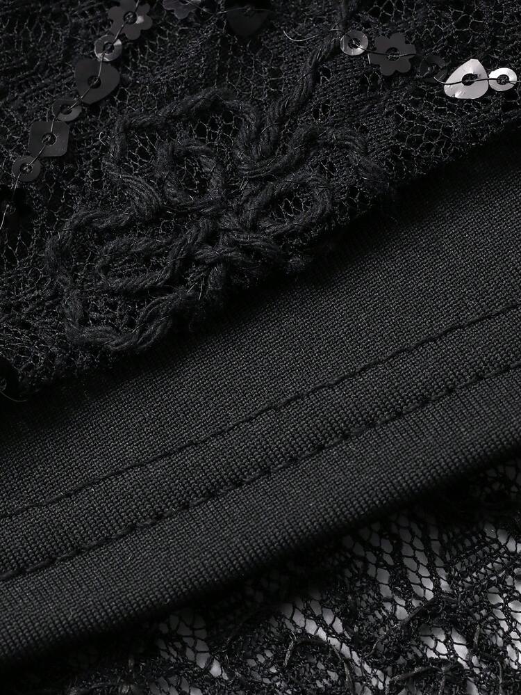 Black Elegant Party Mesh & Sequin Patchwork Fitted Mid-Length Dress, Suitable For Spring & Summer