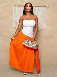 BamGleam 女士度假撞色侧开衩下摆时尚无肩带连衣裙 - 橘色 - 查看 4