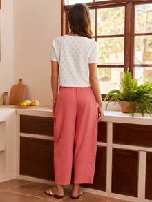 Bohemian Boho Style Casual Vacation Jacquard Lace Trim Loose Blouse, Striped Wide Leg Pants Women Pajama Set - Red and White - View 3