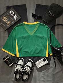 SHEIN EZwear Women's Casual V-Neck Loose Cropped 5/8 Sleeve Mesh T-Shirt, Suitable For Summer, Suitable For Ball Games, Women's Raglan Sleeve Knit T-Shirt, Fan Merchandise, Sports Team Culture, Game Viewing, Yellow And Green Striped Casual Jersey, Sports Casual Mixed T-Shirt For Women - Multicolor - View 2