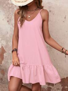 SHEIN VCAY Summer Casual Solid Color Ruffle Strap Dress - Baby Pink - View 6