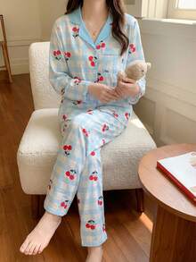 Sparklyn 学院风睡衣套装,浅蓝色格子图案,樱桃印花,翻领开衫,长袖上衣和长裤,甜美少女休闲家居服两件套。 - 藍色 - 查看 4