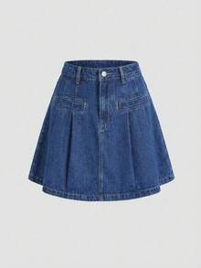 Sweetra Women's Fashion Casual Versatile European Style Elegant Pleated Denim Skirt - Medium Wash - View 1