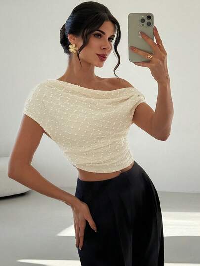 Firerie Blusa elegante de manga corta con cuello asimétrico y fruncido de unicolor para mujer