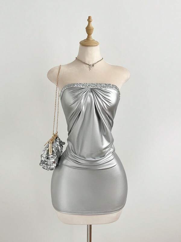 Elamini 女士休闲优雅派对褶皱亮片抹胸连衣裙