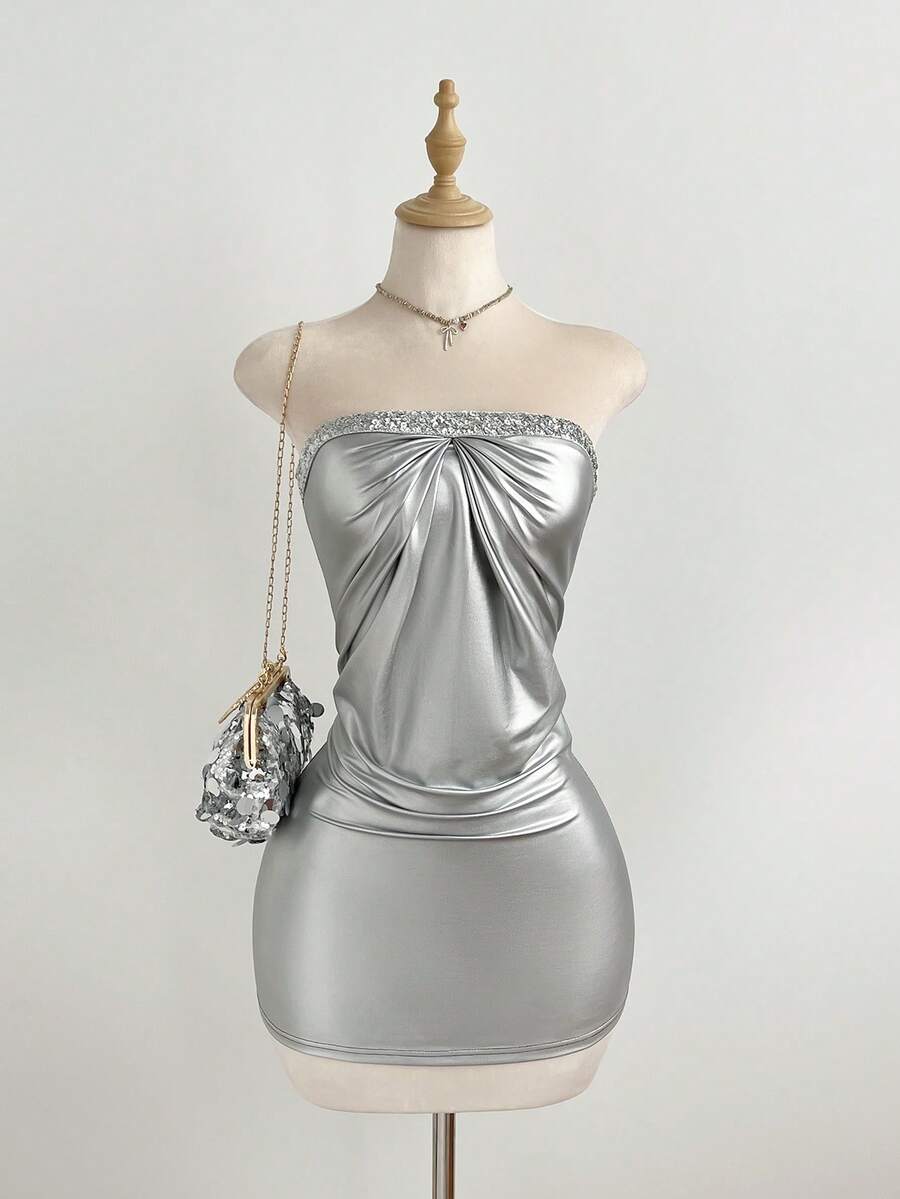 Elamini 女士休闲优雅派对褶皱亮片抹胸连衣裙 - 銀色 - 查看 1