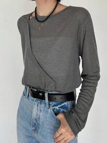 FRIFUL Women's Loose Fit Crew Neck Criss-Cross Wrap Long Sleeve Semi-Sheer T-Shirt, Suitable From Spring To Summer - Black - View 3