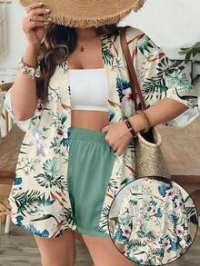 SHEIN VCAY Tropical Floral Print Casual Vintage Leaf Pattern Loose Plus Size 2 Pieces Set, Suitable For Summer Vacation - Multicolor - View 5
