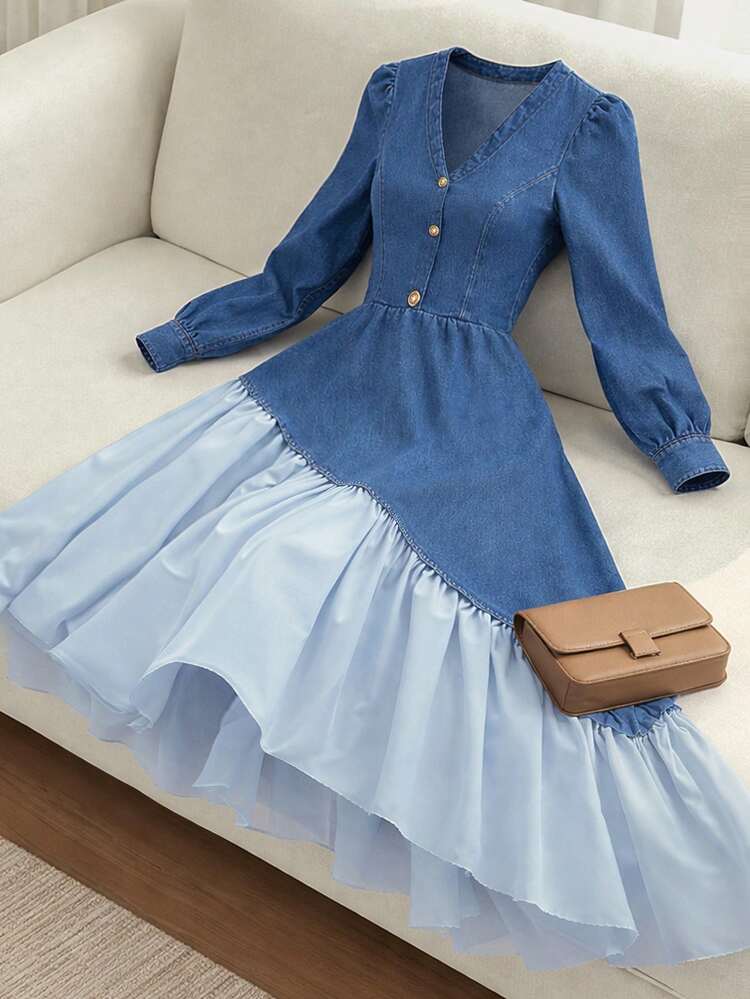 GlowEve Women's Color Block V-Neck Button Ruffle Hem Long Sleeve Denim Dress - Blue - View 1