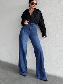 ZIRRA 女式休闲水洗高腰阔腿牛仔裤 - 深色水洗藍 - 查看 1