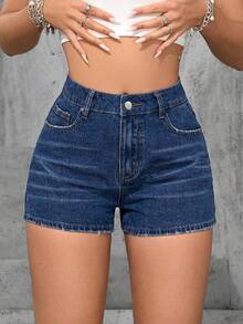 Jeanoix 大码Y2K牛仔风蓝色弹力性感紧身短裤，春季女装 - 深色水洗藍 - 查看 1