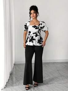 Elenzga Fashionable Casual French Retro Elegant Commuter Generous Collar Print 2 Pieces Set - Black and White - View 6