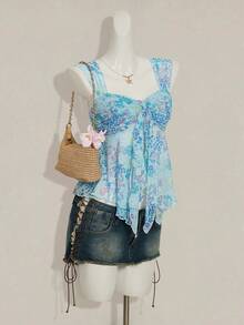 SHEIN ICON 女士碎花不对称下摆可爱碎花衬衫，甜美夏秋上衣女装 - 藍色 - 查看 6