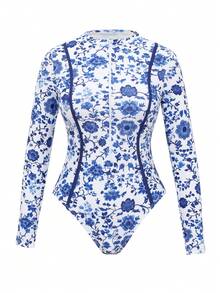 Swim Mulvari Women's 4-Piece Set: Blue Floral Print One-Piece Dress With Sheer Skirt, Long Sleeve Bodysuit, And Fitted Pants, Modest Yet Fashionable Vacation Swimsuit, Spring/Summer - Blue - View 6