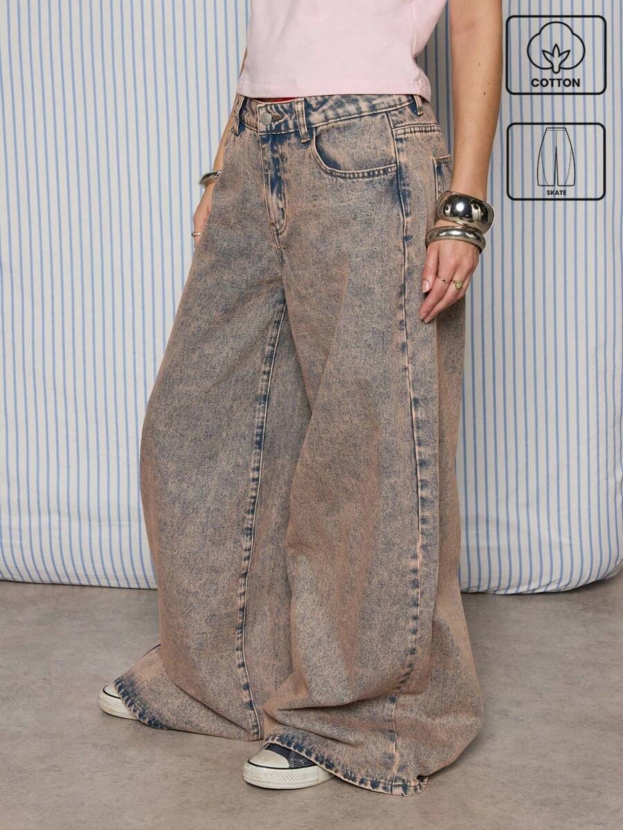 COUREZ Low Ridse Super Wide Leg Jeans In Light Pink Wash /Y2K Winter Clothes For Women Street Streetwear Cotton Baggy Jeans Casual Going Out Outfits Skate Jeans Birthday Outfits - Medium Wash - View 1