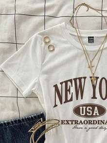 SHEIN EZwear Casual Round Neck New York Letter Graphic Short Sleeve Round Neck White T-Shirt, Slim Fit Women's Summer Tee - White - View 5