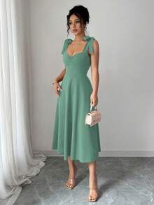 Elenzga 无袖系带收腰A字优雅浪漫连衣裙（女款） - 淺綠色 - 查看 4