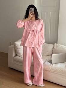 DAZY Conjunto de pijama con estampado floral y mangas de farol para mujer - Rosa - Ver 4