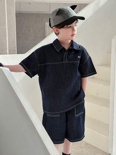 DAZY Tween Boy Letter Graphic Short Sleeve Denim Top And Denim Shorts Casual Outfit Summer