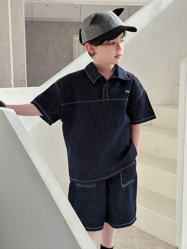 DAZY Tween Boy Letter Graphic Short Sleeve Denim Top And Denim Shorts Casual Outfit Summer