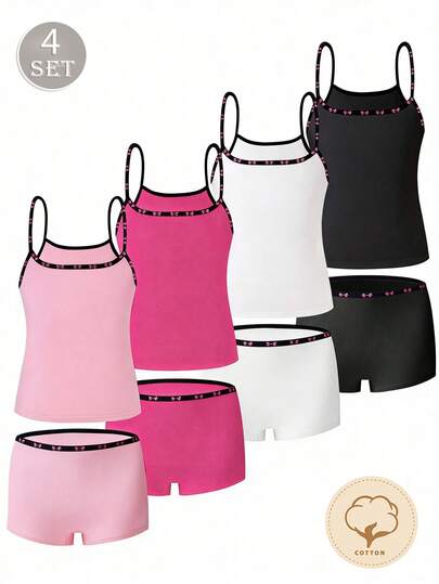 Sparklyn 4pcs/Set Girls Minimalist Solid Color Wireless Camisole & Comfortable Boyshort Panty Set, Butterfly Elastic Underwear. Girls' Favorite Colors: Rose Pink, Light Pink, And Classic Black-And-White. Black Shoulder Straps With Contrasting Rose Pink Bow Detail And Small Patterned Ribbon Design. Girls Co Ords Kids Camisole And Brief