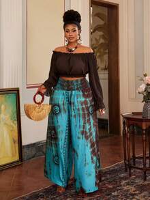 Maweii Plus Size Placement Print Cinched Waist Loose Casual Vacation Pants - Multicolor - View 6