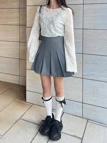 FRIFUL Women's Solid Beige Patchwork Sheer Lace Fabric Flared Sleeve Loose Casual Versatile Blouse - Beige - View 6