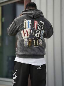 Heavens Edit Autumn And Winter "It Is What It Is" Pattern Men's Hooded Sweatshirt Top, Slightly Elastic Fit Washed And Distressed Cotton Black Long-Sleeved Cardigan Zipper Sweatshirt, Outdoor Daily Casual Jacket - Black - View 3