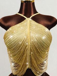 Mistrie Women's Sexy Halter Neck Sleeveless T-Shirt With Gold Tassels - Gold - View 3