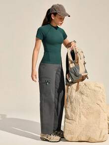 SHEIN In My Nature 女士纯色插肩短袖休闲健身户外T恤 - 墨綠色 - 查看 7