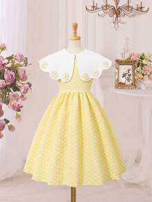 SHEIN Đầm hoa dáng suông, dài ngang gối, cạp cao, ôm sát, kiểu công chúa, ngọt ngào và thời trang dành cho bé gái, với cổ áo xếp ly xinh xắn và chân váy xòe bồng bềnh ở cạp cao; đầm không tay thời trang và đa năng dành cho bé gái. - Màu vàng - Xem 7