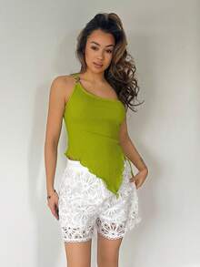 RebeccaVibe 女士夏季度假米色针织提花纹理单肩修身下摆开衩抽绳褶饰吊带背心，适合派对、约会、情人节、复活节、狂欢节、下午茶、海滩、游轮、城市度假 - 綠色 - 查看 5