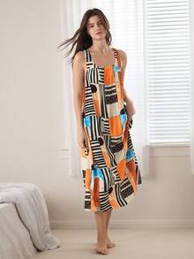 Ocili 女士几何印花露背扭结无袖休闲连衣裙 - 彩色 - 查看 6