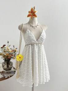 Elamini Women's Apricot Fringe V-Neck Halter Shell Dress, Versatile For Beach Vacation Outfit - White - View 1