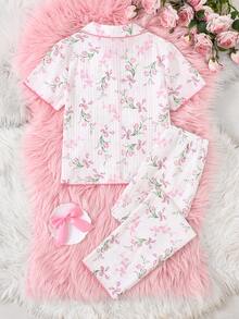 SHEIN Bộ đồ ngủ bé gái in hoa gồm áo khoác cardigan cổ bẻ và quần dài, đồ mặc nhà thoải mái và dễ thương, 2 món, thích hợp cho mùa hè. - trắng - Xem 2