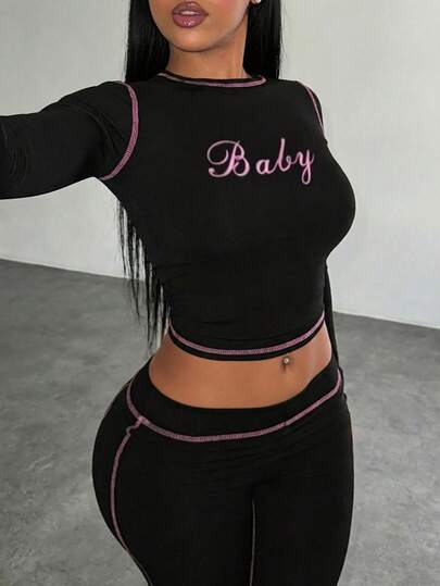 Slaydiva New Early Spring, Spring And Summer Music Festival, Valentine's Day, Easter Casual, Simple And Basic Style, Y2K Street Sweet, Internet Celebrity Bestseller, Daily Date, Hot Girl Style, Sexy And Sporty, Back-To-School Season, Round-Neck Long-Sleeved, Slim, Baby, Pink English Print Short T-Shirt + 3/4 Pants, Cycling Pants, Pink Contrasting Line Decoration, Black Set, Women's Two Pieces Set -A