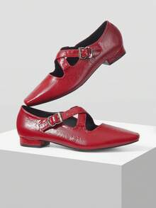 Mnmlis Solid Color Small Square Toe Daily Fashion Comfortable Versatile Casual Flat Shoes, Suitable For Walking Travel And Vacation - Burgundy - View 5