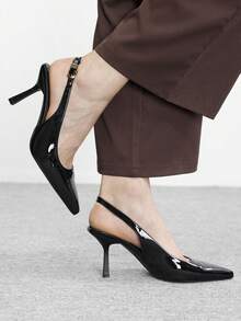 CUCCOO BIZCHIC Women's Pointed Toe Black Patent Leather Metal Buckle Open Toe Fashion Pumps, Elegant For Office And Commute Spring Shoes - Black - View 5