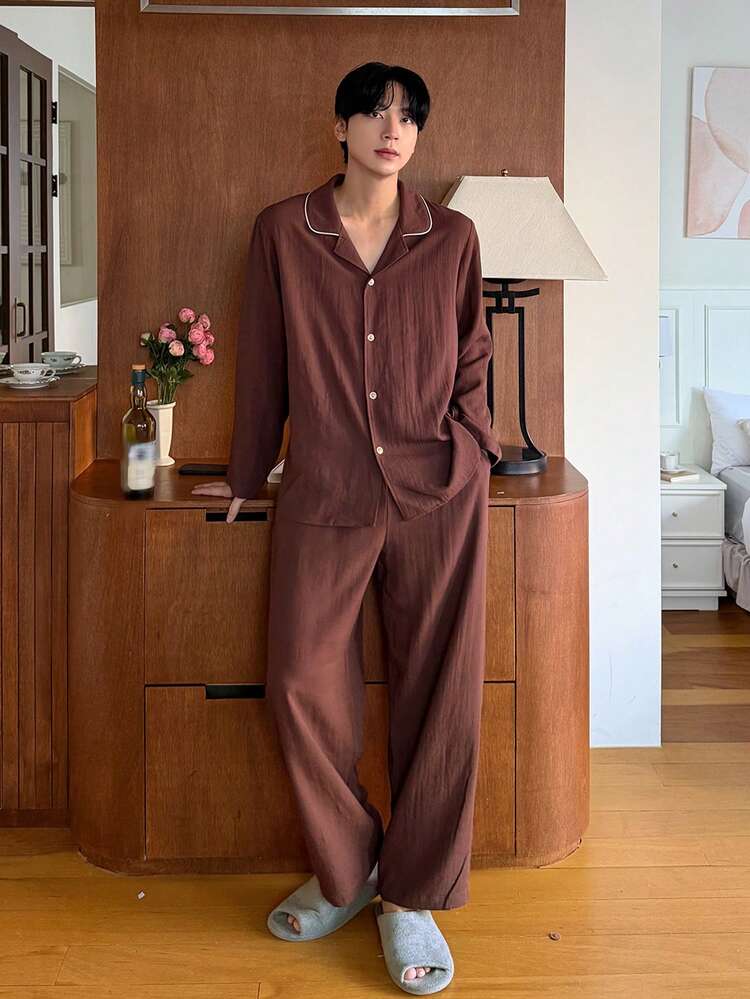 Burgundy Long Sleeve Shirt And Pants Men's Pajama Set, Spring/Summer