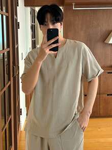 DAZY 男士米色短袖T恤短裤睡衣套装，夏季 - 米色 - 查看 4