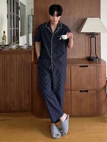 DAZY Men's Polka Dot Floral Print Shirt And Pants Pajama Set, Spring/Summer - Blue - View 6